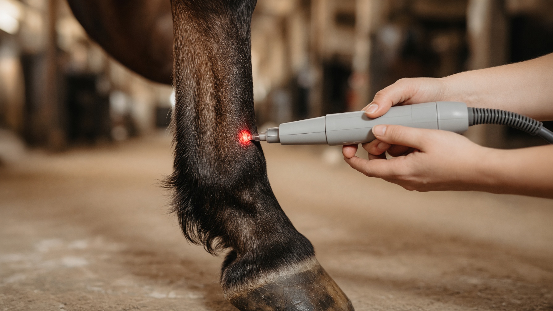 Class 4 laser treating a horse tendon