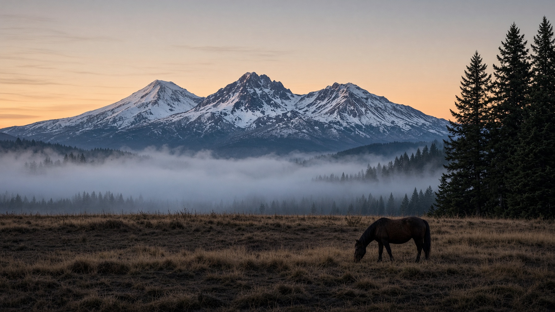Three Sisters mountains and a horse in a meadow outside Sisters, Oregon