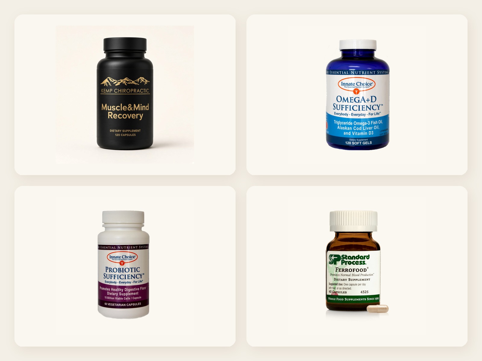 Muscle & Mind Recovery, Innate Choice OmegA+D Sufficiency, Probiotic Sufficiency, and Standard Process Ferrofood